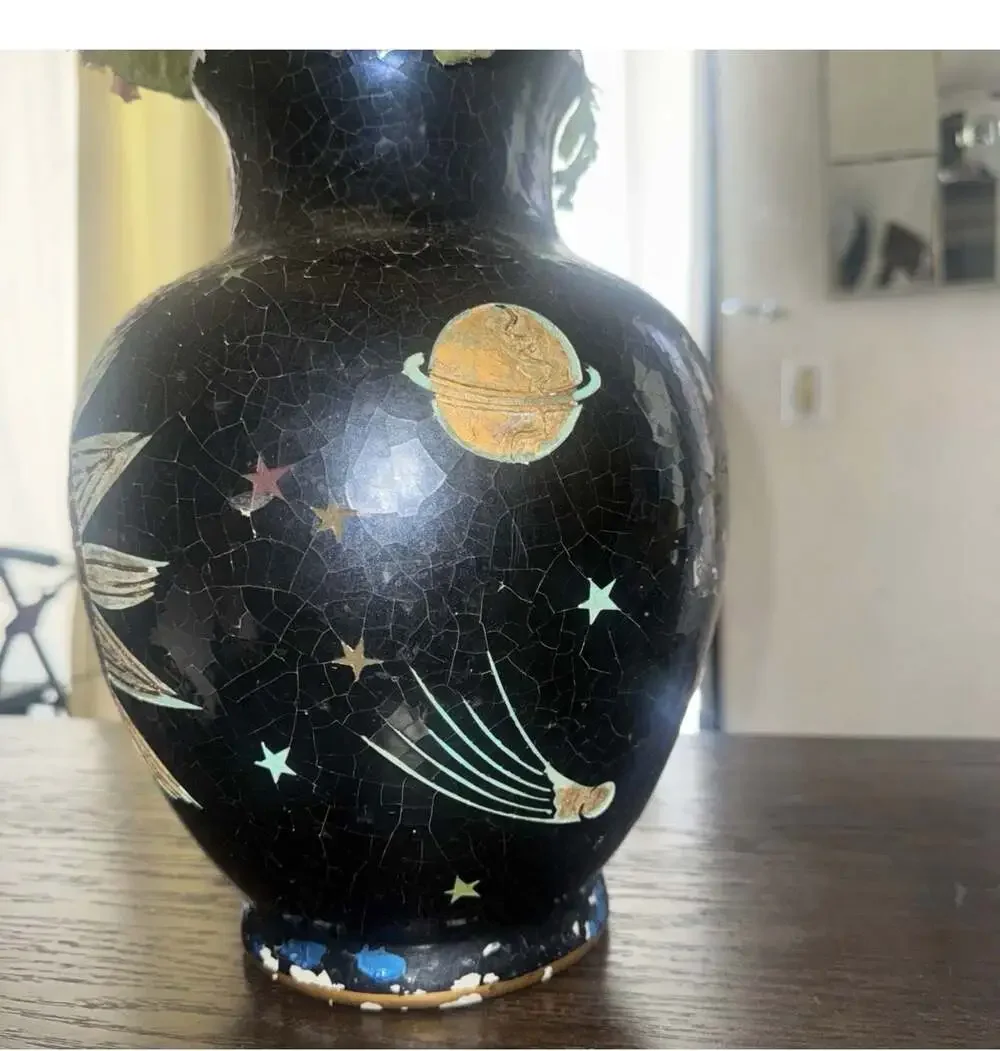 Vintage Celestial Vase Engraved Lacquer Sun Face Moon Star Astrology Tarot 12.5